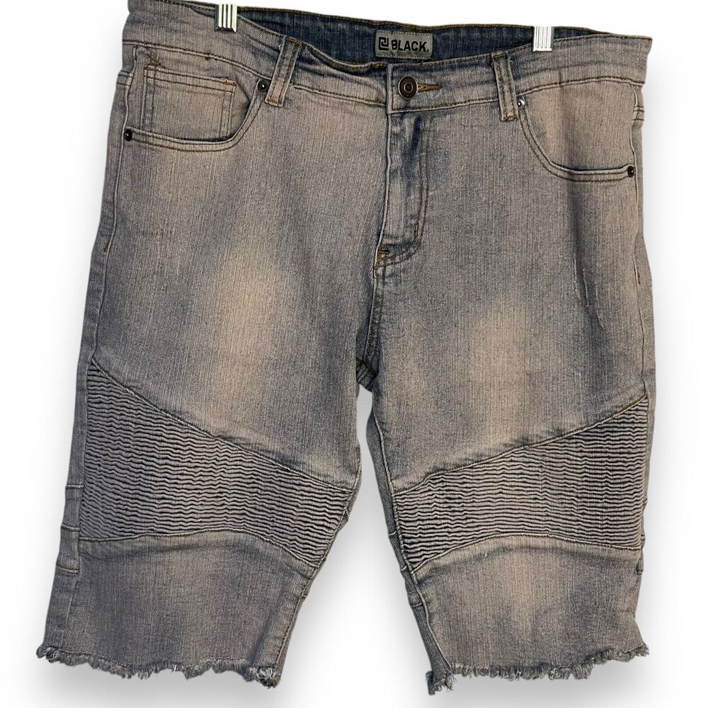 CJ Black Jean Shorts Men's 34 Blue Stretch Casual Streetwear Pockets Raw Hem Zip
